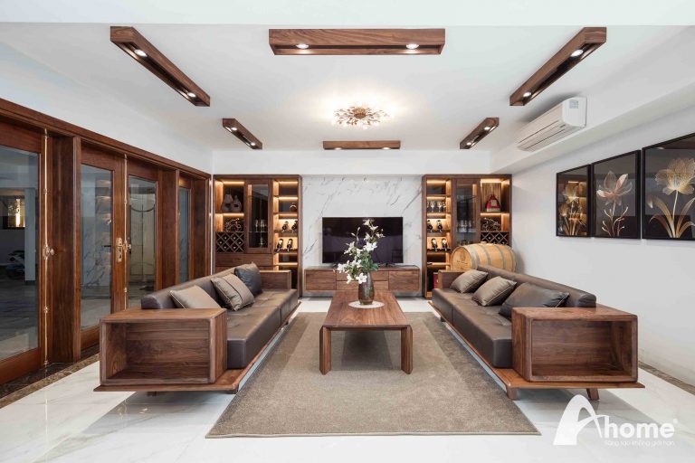 Nội thất phòng khách gỗ óc chó cao cấp, hiện đại thời thượng