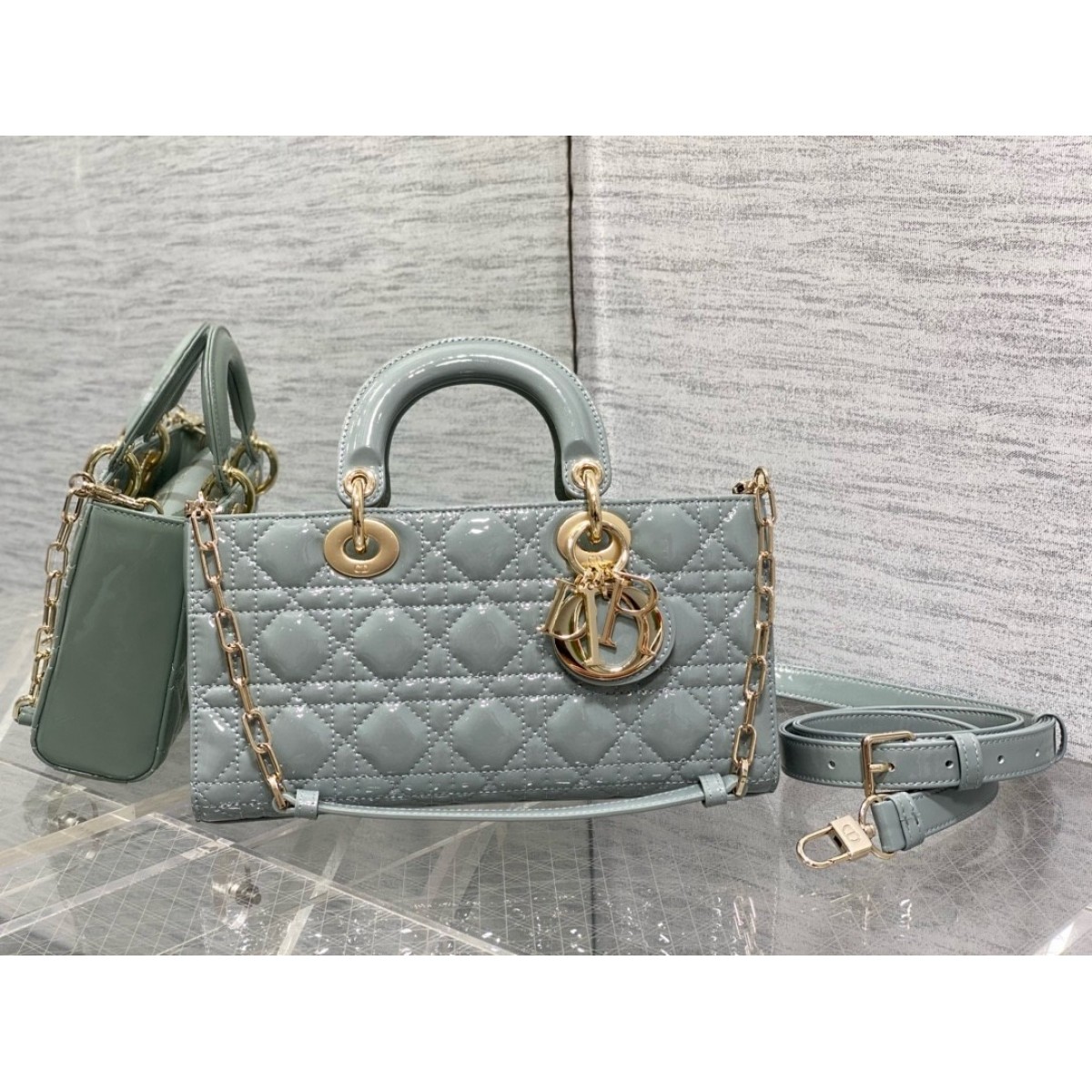 Dior Lady D-Joy Medium Bag in Grey Patent Cannage Calfskin High Quality Replica