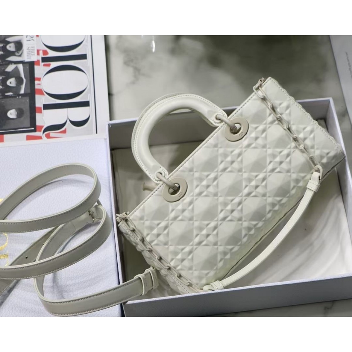 Dior Lady D-Joy Bag In White Calfskin with Diamond Motif High Quality Replica